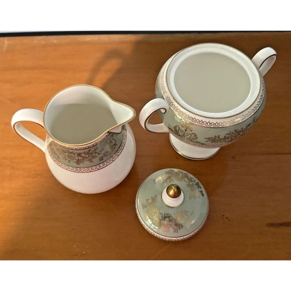 Wedgwood Gold Columbia Tea Pot Set Creamer/Sugar/4 Cups Sage Green England Mint